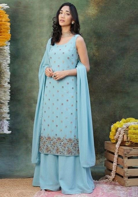 Light Blue Embroidered Moss Sharara Set