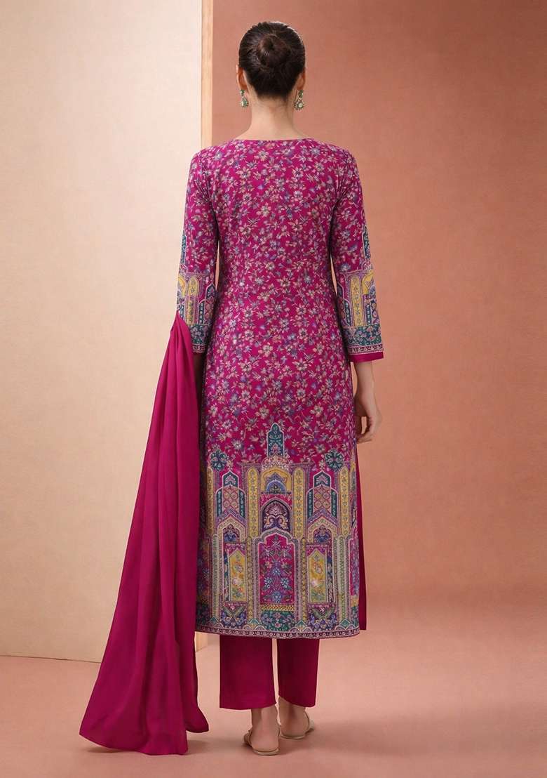 Magenta Pink Printed Crepe Kurta Set - Indya