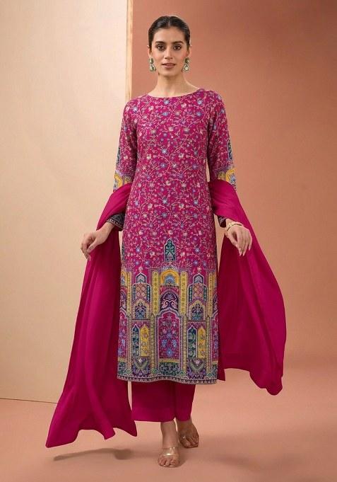 Magenta Pink Printed Crepe Kurta Set