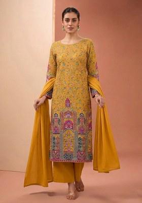 Mustard Printed Crepe Kurta Set