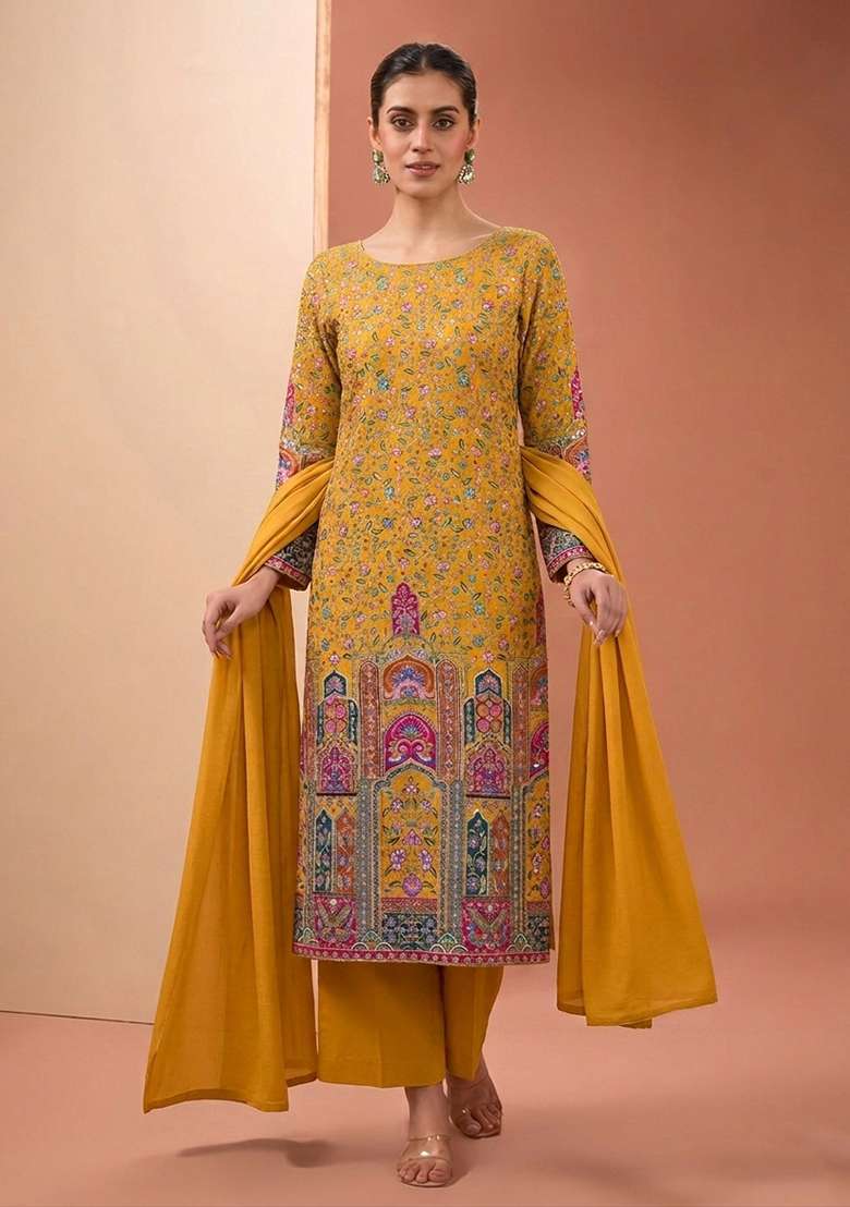 Mustard Printed Crepe Kurta Set - Indya