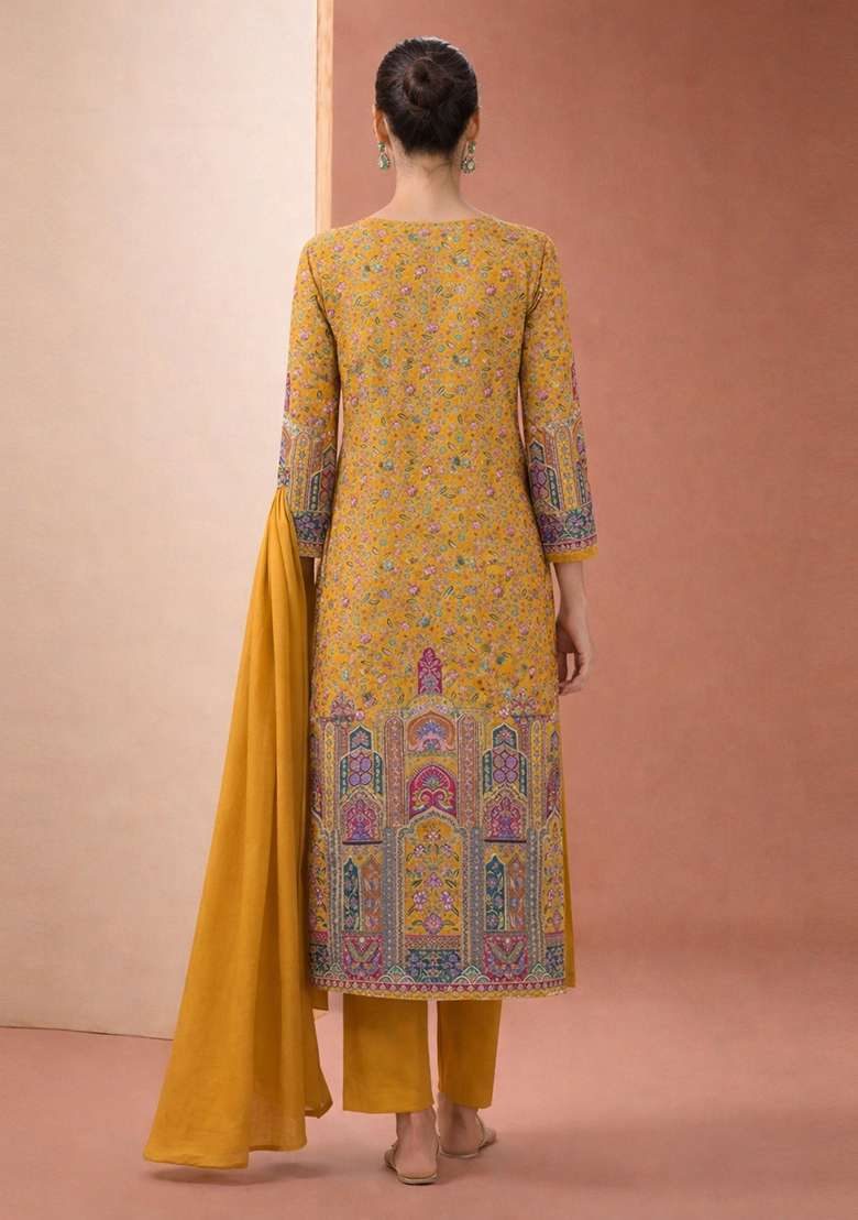 Mustard Printed Crepe Kurta Set - Indya