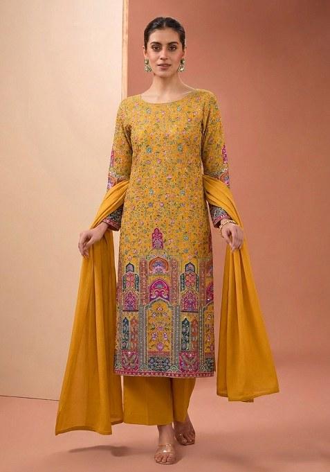 Mustard Printed Crepe Kurta Set