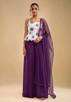 Violet Purple Embroidered Crepe Sharara Set