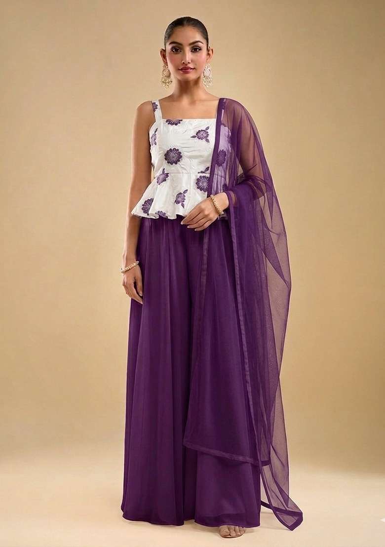 Violet Purple Embroidered Crepe Sharara Set - Indya