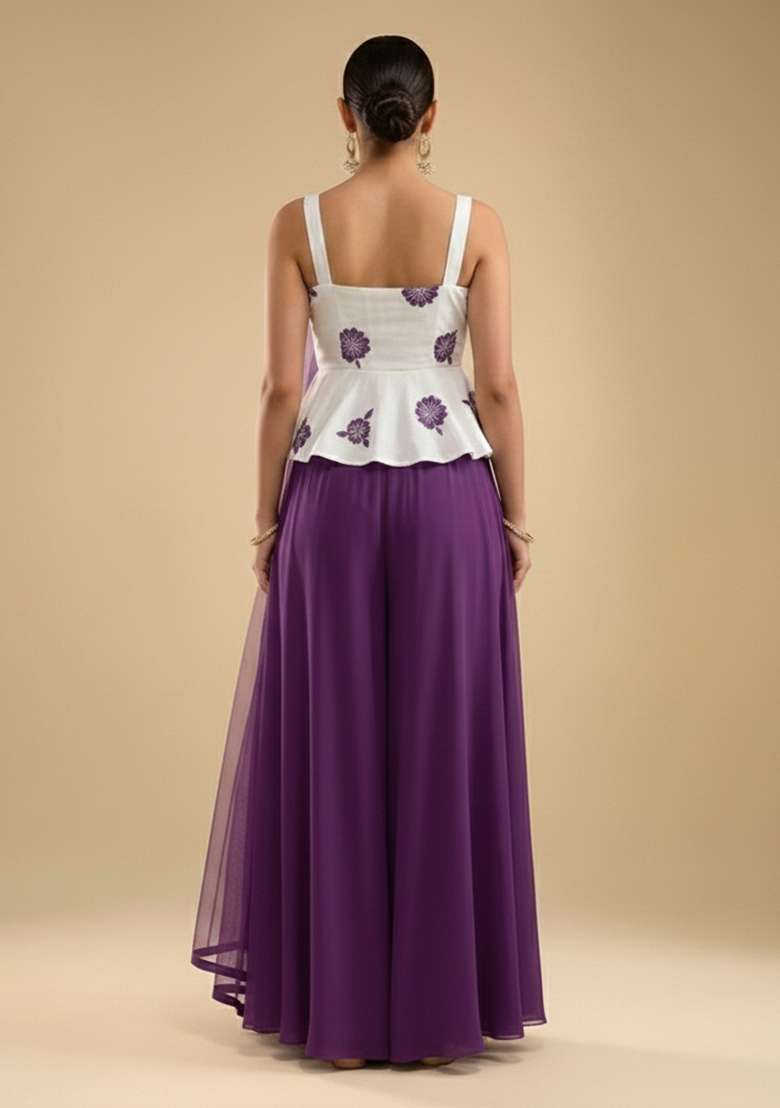 Violet Purple Embroidered Crepe Sharara Set - Indya