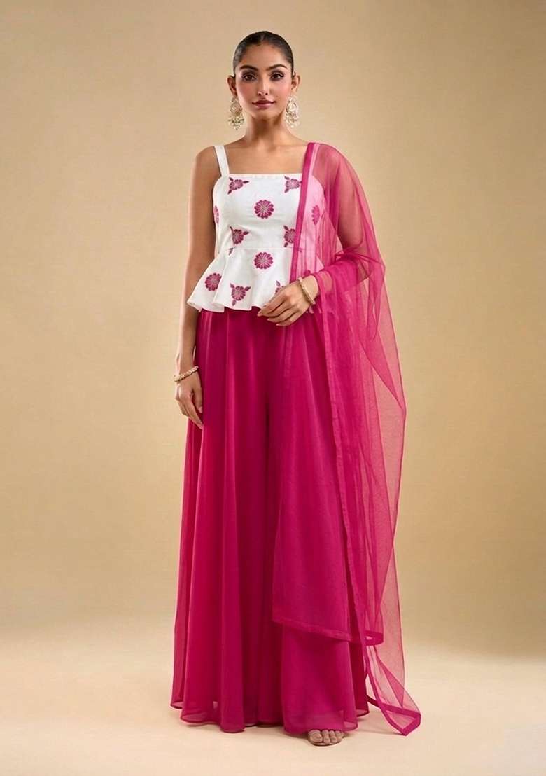 Hot Pink Embroidered Crepe Sharara Set - Indya
