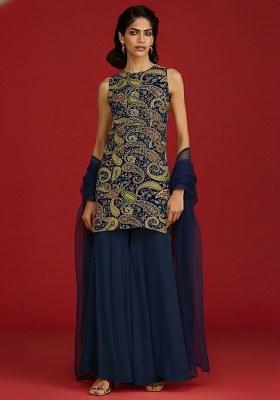 Navy Blue Embroidered Crepe Sharara Set