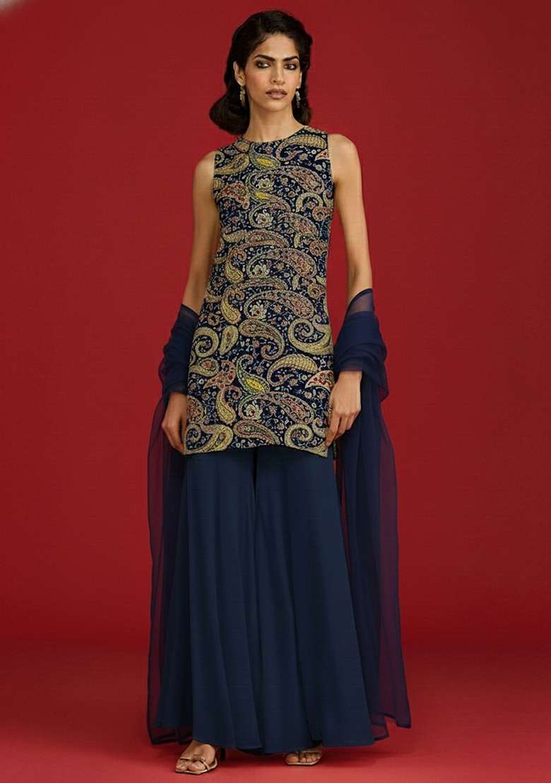 Navy Blue Embroidered Crepe Sharara Set - Indya