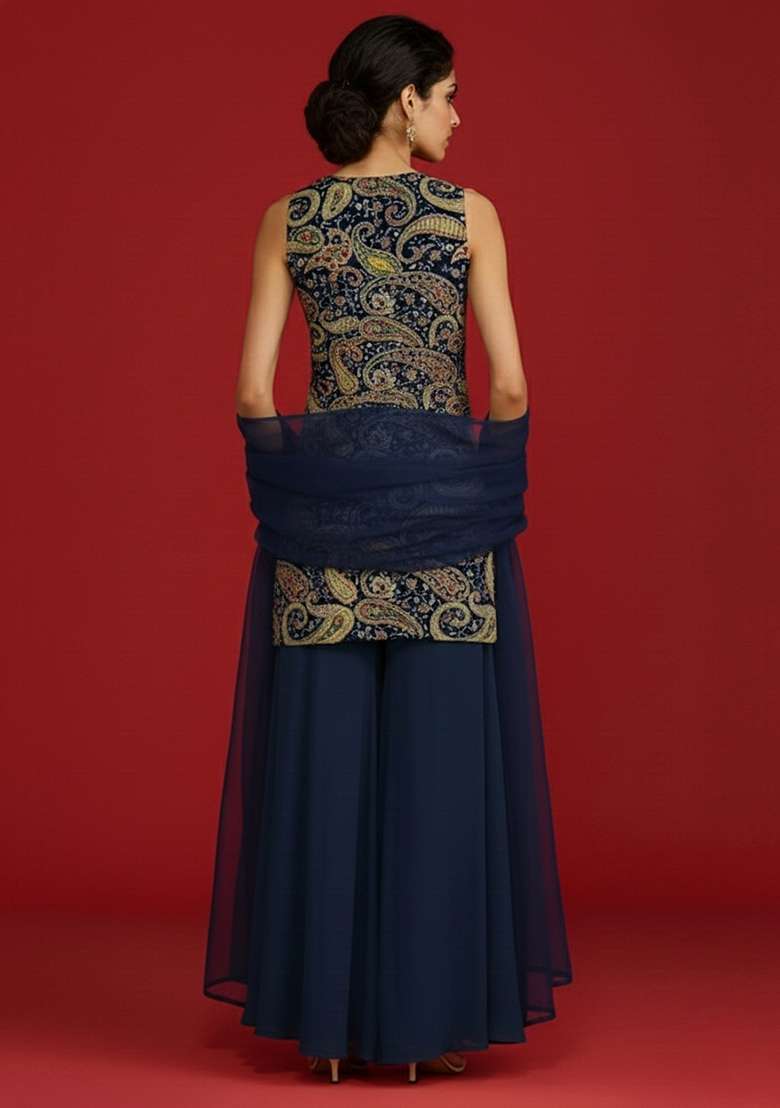 Navy Blue Embroidered Crepe Sharara Set - Indya