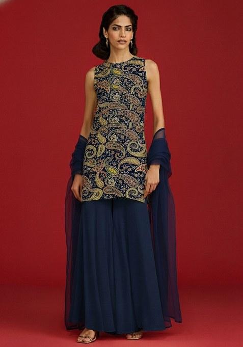 Navy Blue Embroidered Crepe Sharara Set