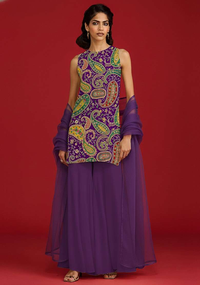 Purple Embroidered Crepe Sharara Set - Indya