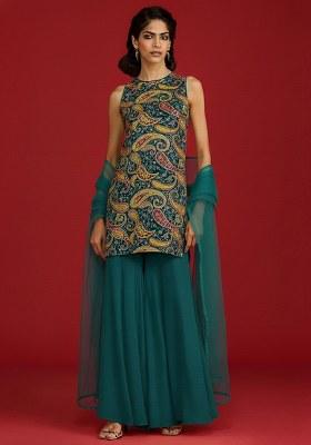 Deep Teal Green Embroidered Crepe Sharara Set