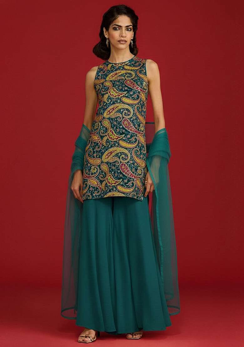 Deep Teal Green Embroidered Crepe Sharara Set - Indya