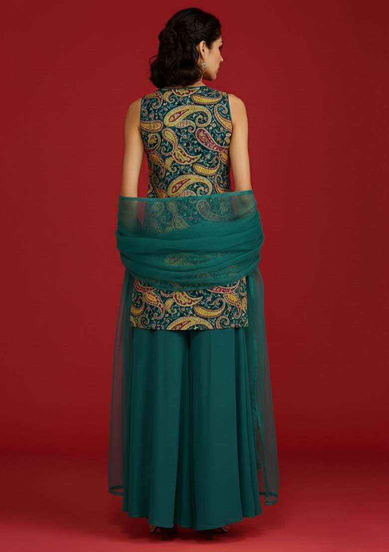 Deep Teal Green Embroidered Crepe Sharara Set - Indya