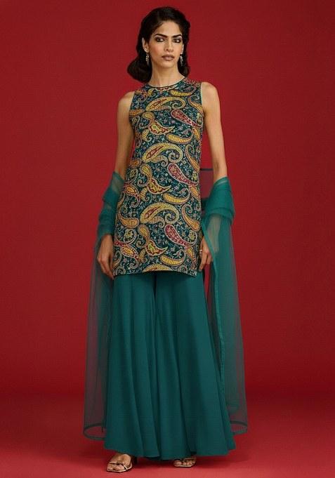 Deep Teal Green Embroidered Crepe Sharara Set