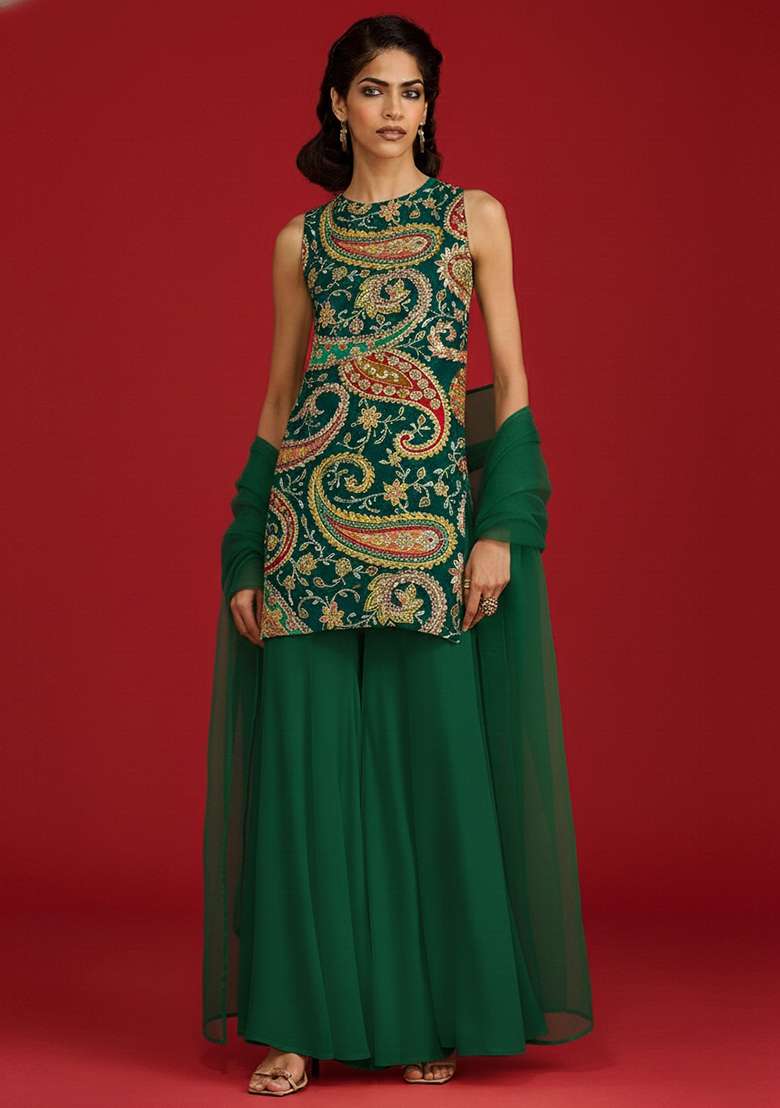 Bottle Green Embroidered Crepe Sharara Set - Indya