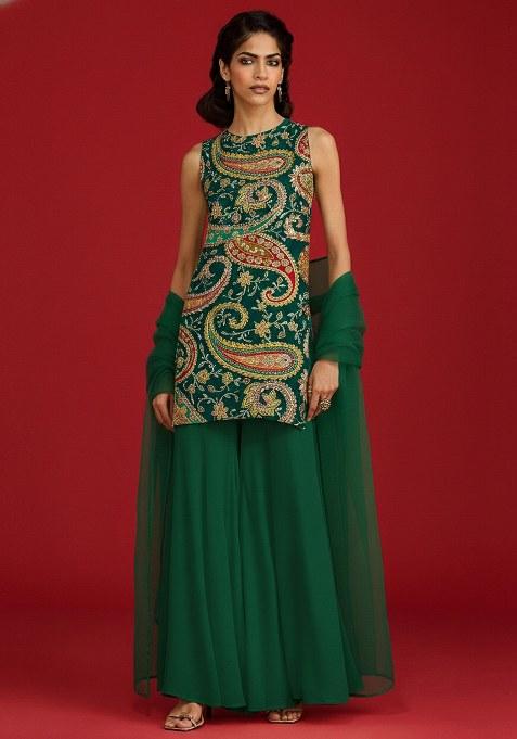 Bottle Green Embroidered Crepe Sharara Set