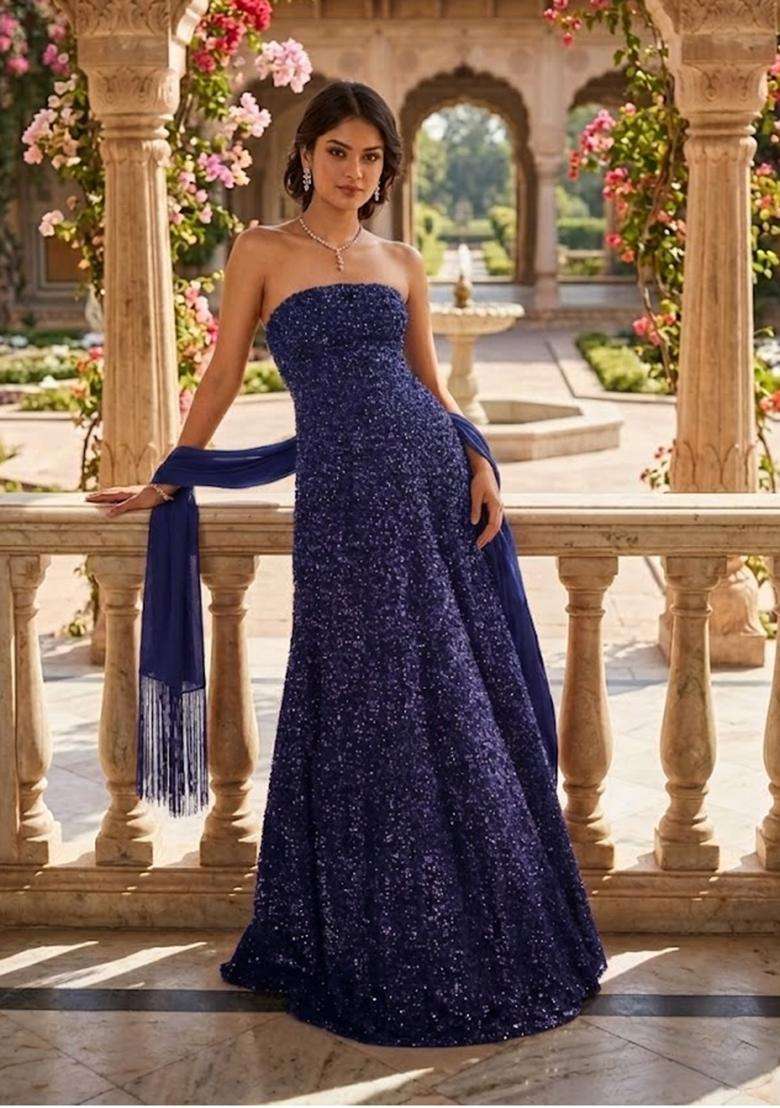 Navy Blue Sequin Bridal Gown - Indya