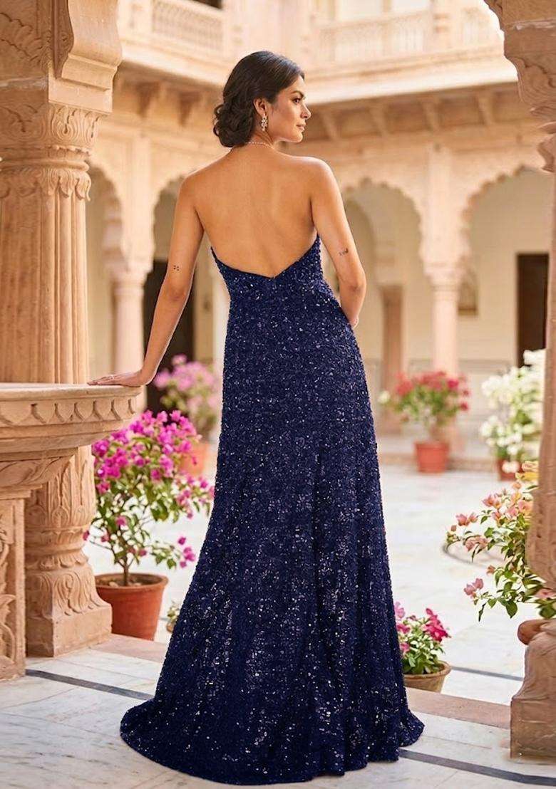 Navy Blue Sequin Bridal Gown - Indya