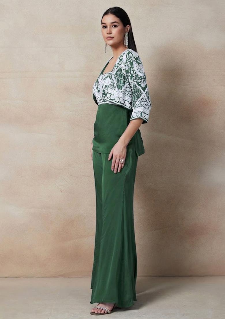 Green Embellished Designer Fusion Set - Indya