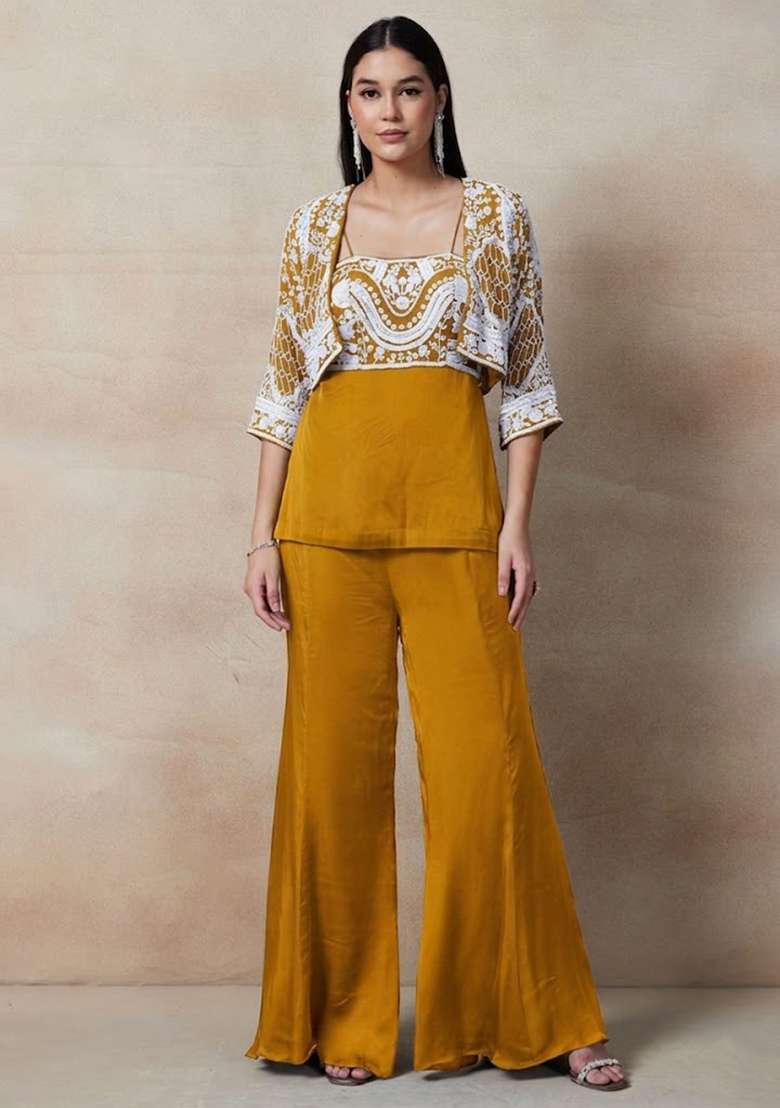 Yellow Embellished Designer Fusion Set - Indya