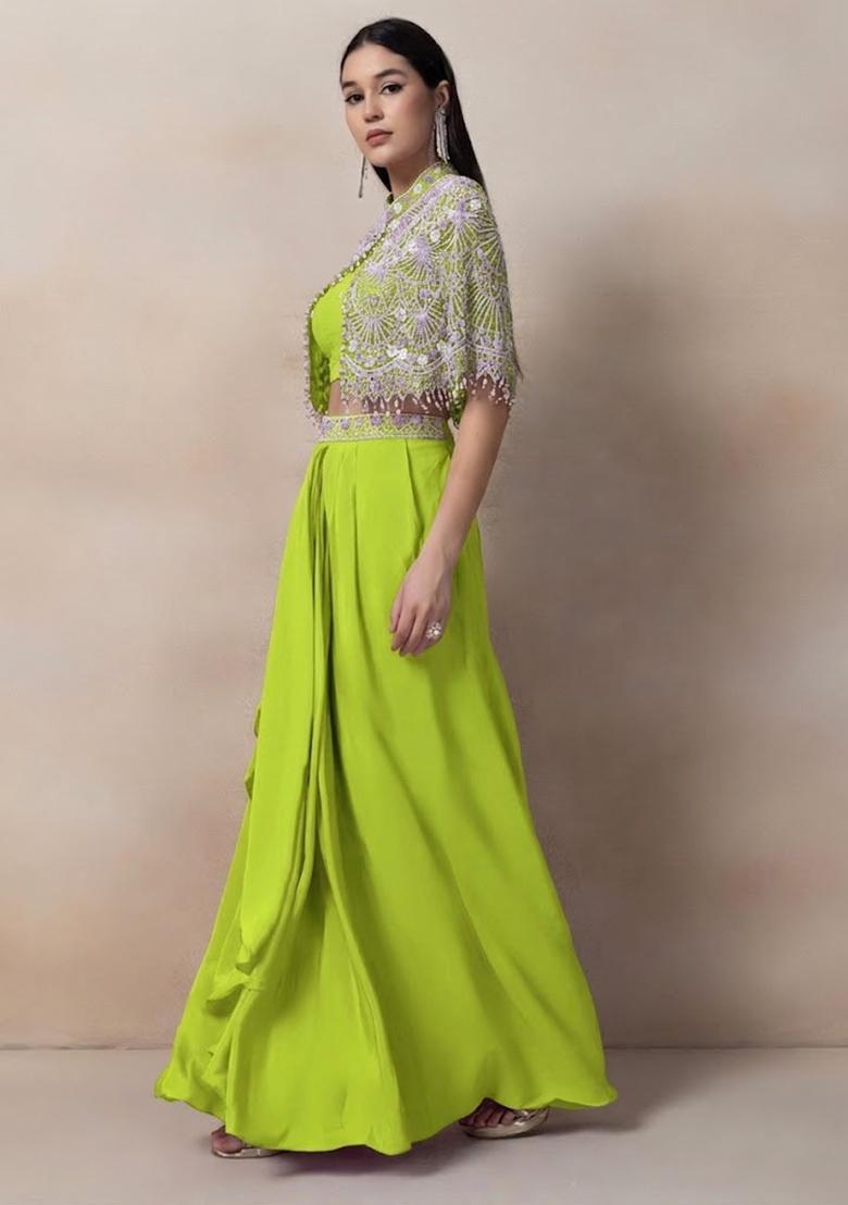 Green Embellished Designer Fusion Set - Indya