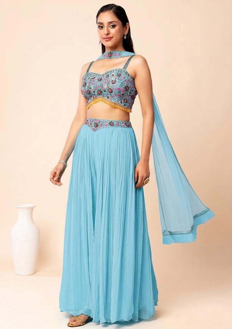 Blue Embroidered Designer Fusion Set - Indya