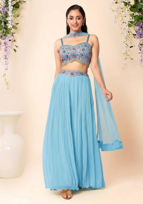 Blue Embroidered Designer Fusion Set