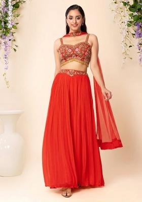 Red Embroidered Designer Fusion Set