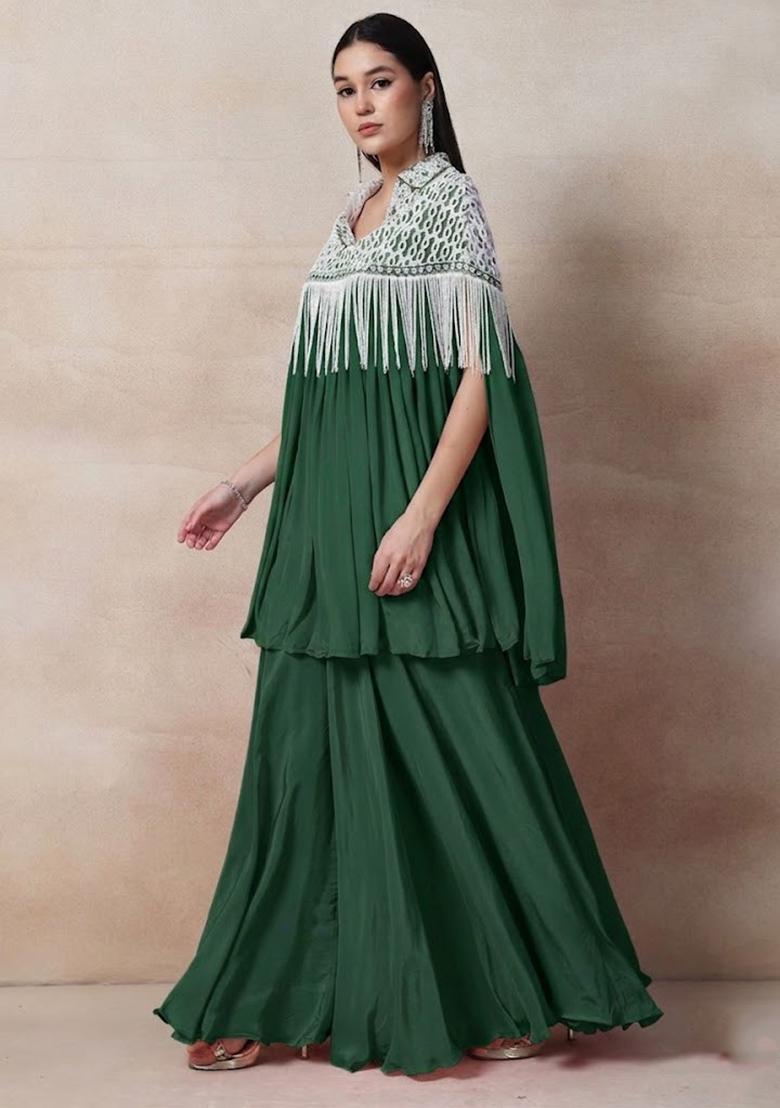Green Embellished Designer Fusion Set - Indya