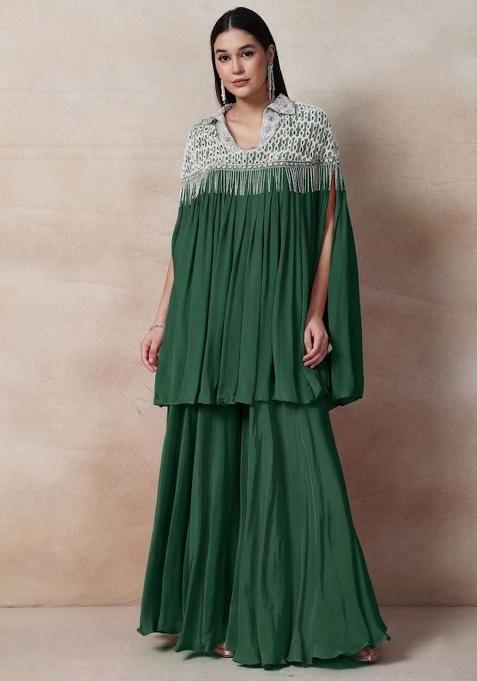 Green Embellished Designer Fusion Set