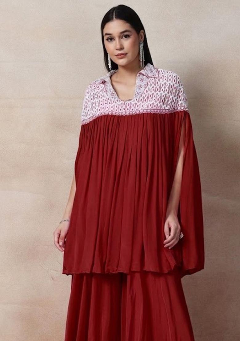 Red Embellished Designer Fusion Set - Indya