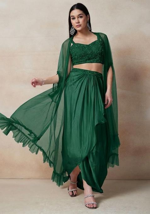 Green Embellished Designer Fusion Set — view on Indya