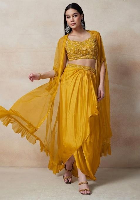Yellow Embellished Designer Fusion Set