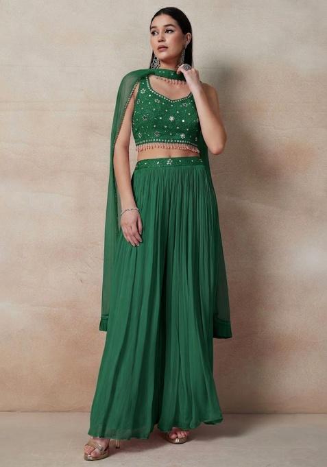 Green Embellished Designer Fusion Set — view on Indya