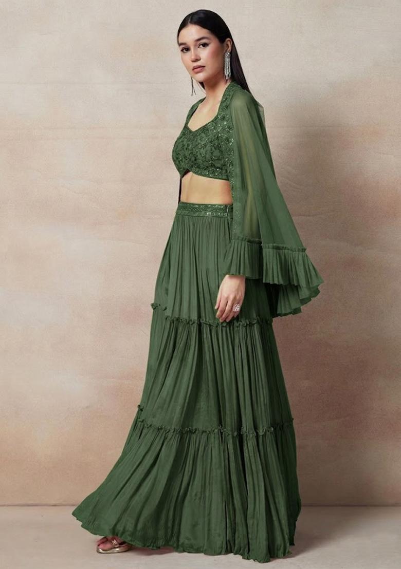 Green Embellished Designer Fusion Set - Indya