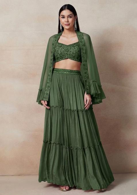 Green Embellished Designer Fusion Set