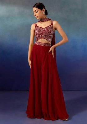 Bood Red Embroidered Designer Fusion Set