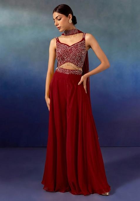 Bood Red Embroidered Designer Fusion Set