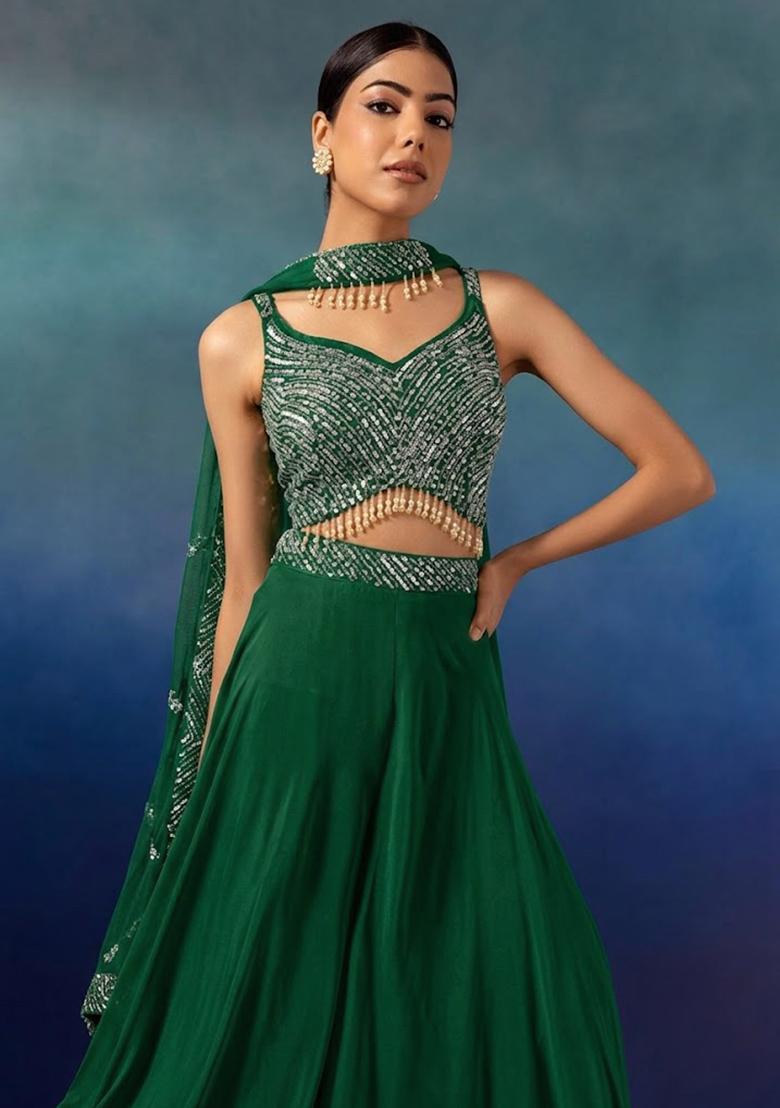 Pine Green Embroidered Designer Fusion Set - Indya