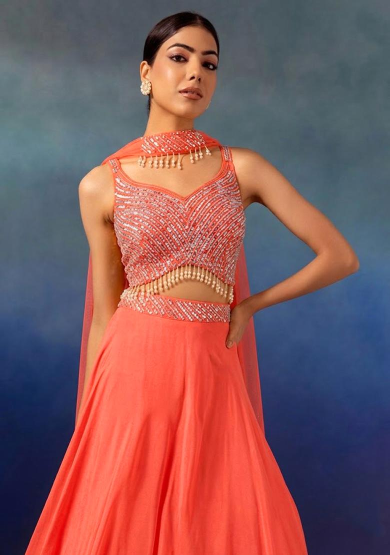 Living Coral Embroidered Designer Fusion Set - Indya
