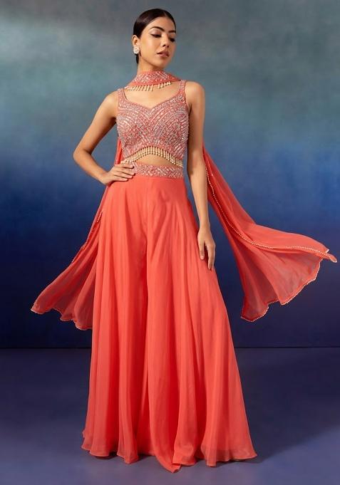 Living Coral Embroidered Designer Fusion Set