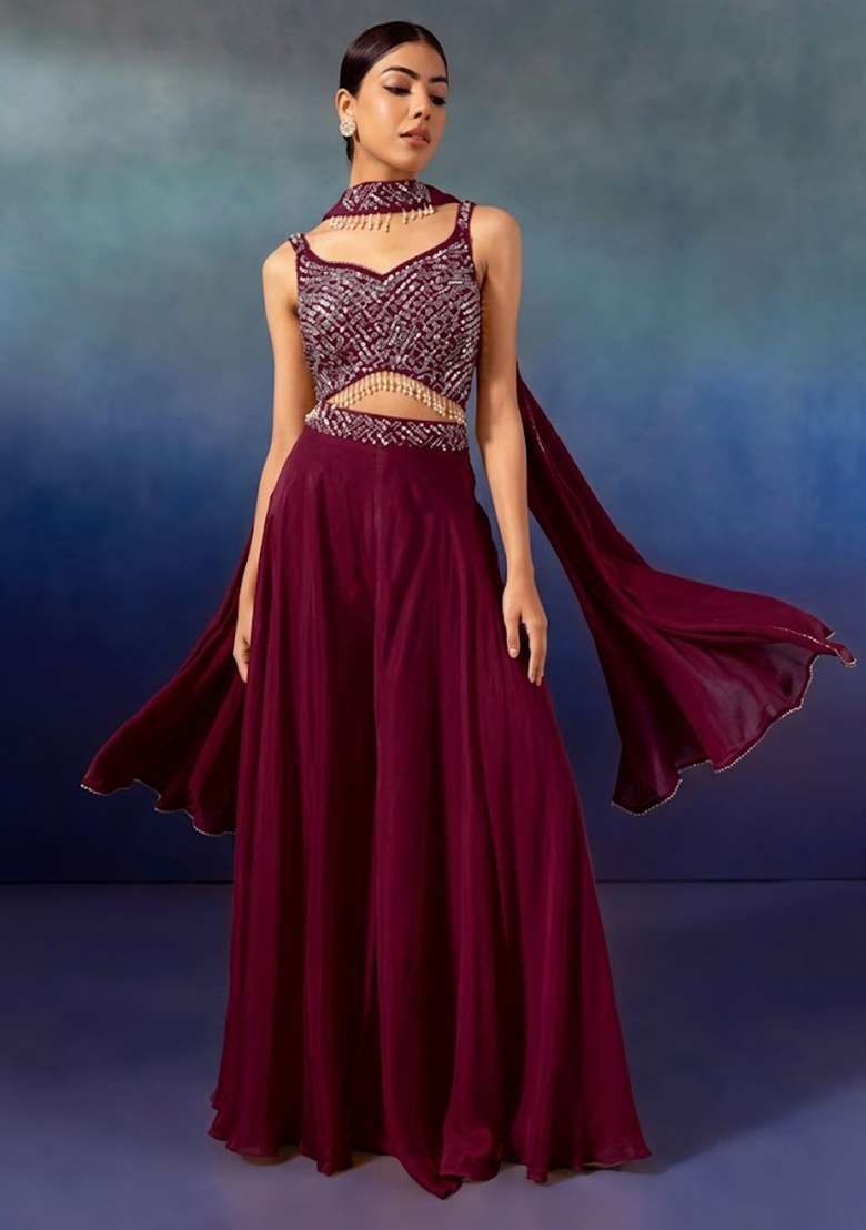 Wine Embroidered Designer Fusion Set - Indya