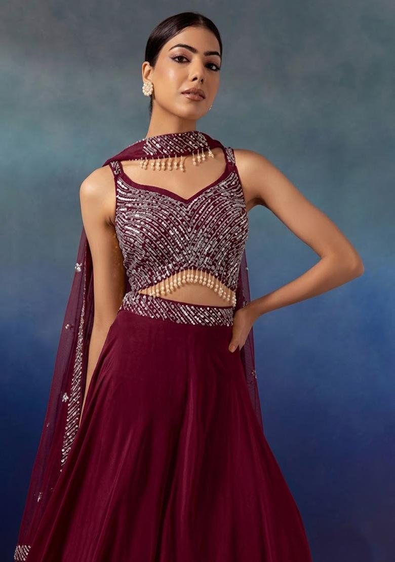 Wine Embroidered Designer Fusion Set - Indya