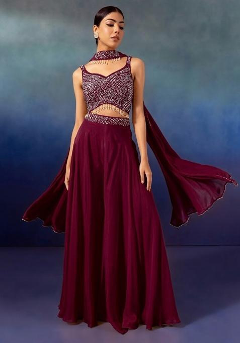 Wine Embroidered Designer Fusion Set