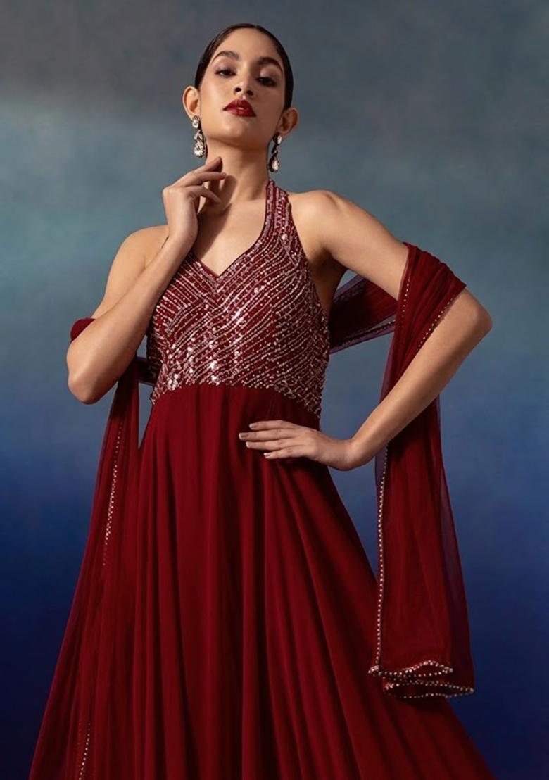 Blood Red Embellished Designer Anarkali With Dupatta - Indya