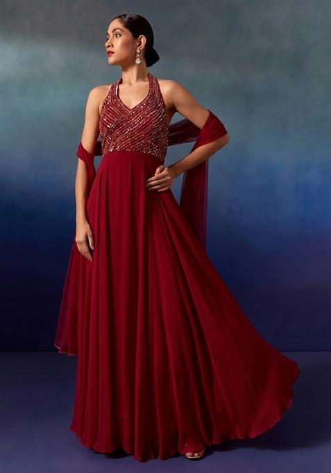 Blood Red Embellished Designer Anarkali With Dupatta