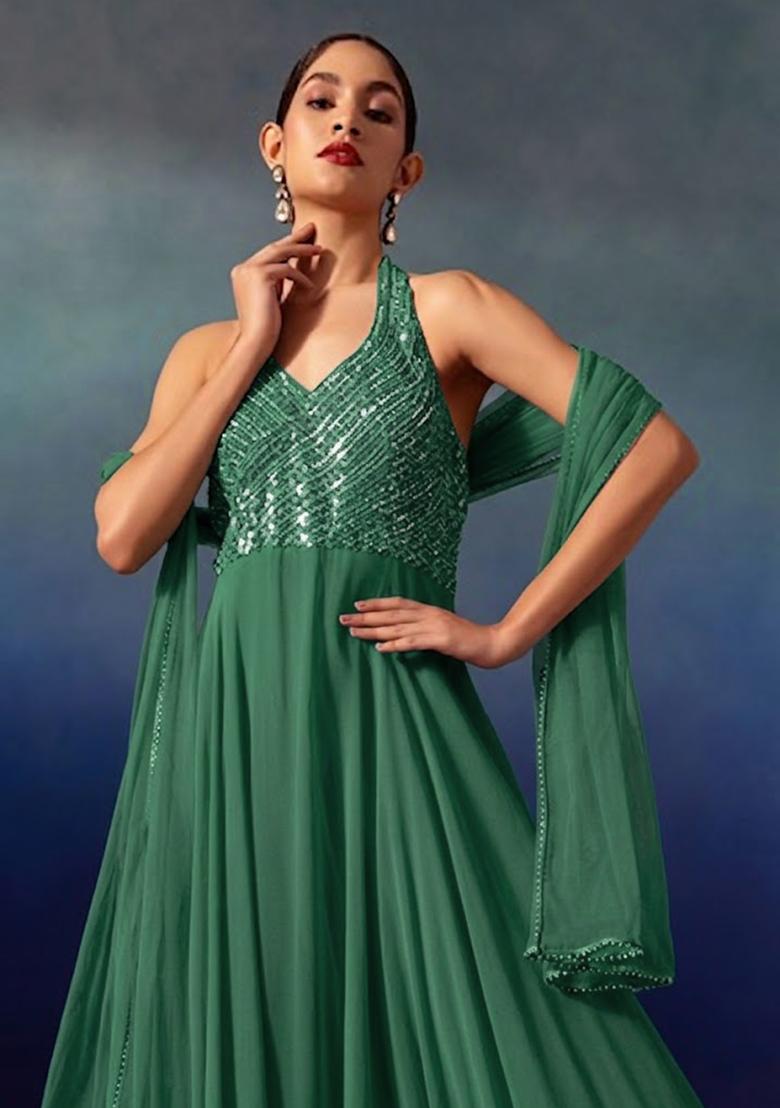 Green Embellished Designer Anarkali With Dupatta - Indya