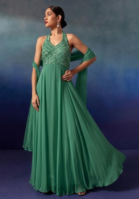 Green Embellished Designer Anarkali With Dupatta